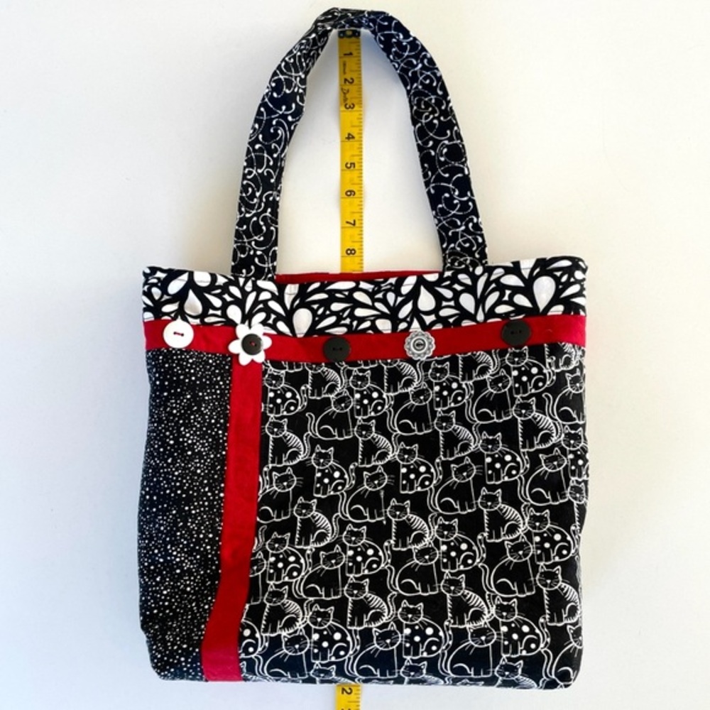 Handmade Black and Red Tote Bag with cat print and interior pockets